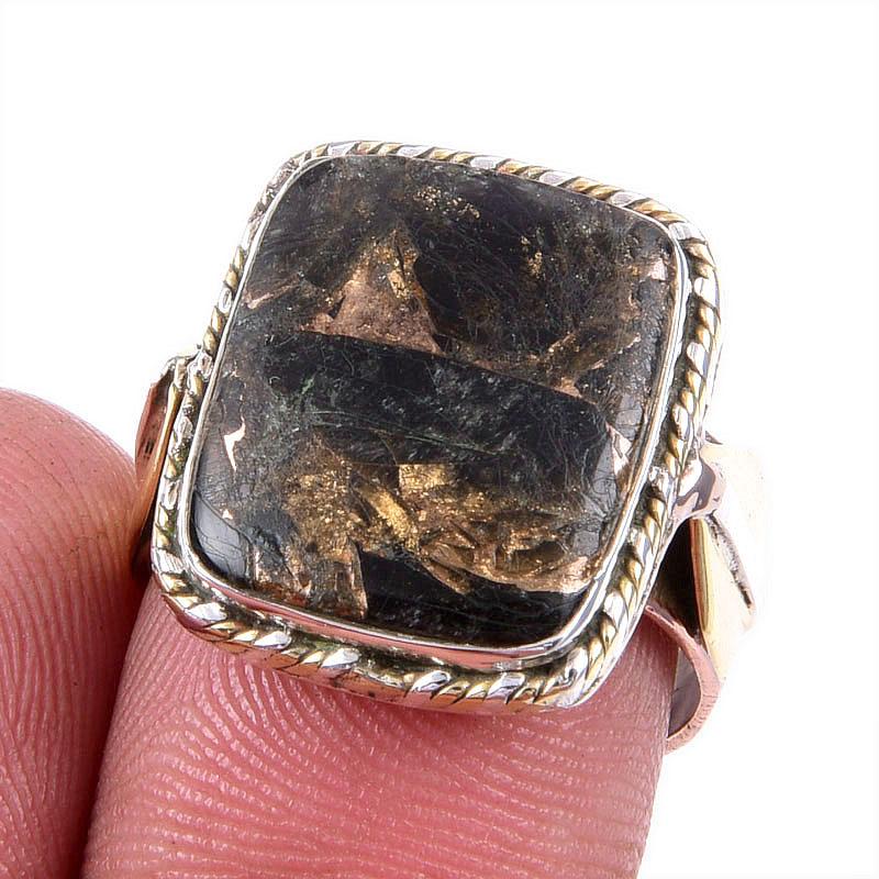 

Natural Black Copper Turquoise Gemstone 925 Solid Silver TwoTone Ring 7.5US p0v62