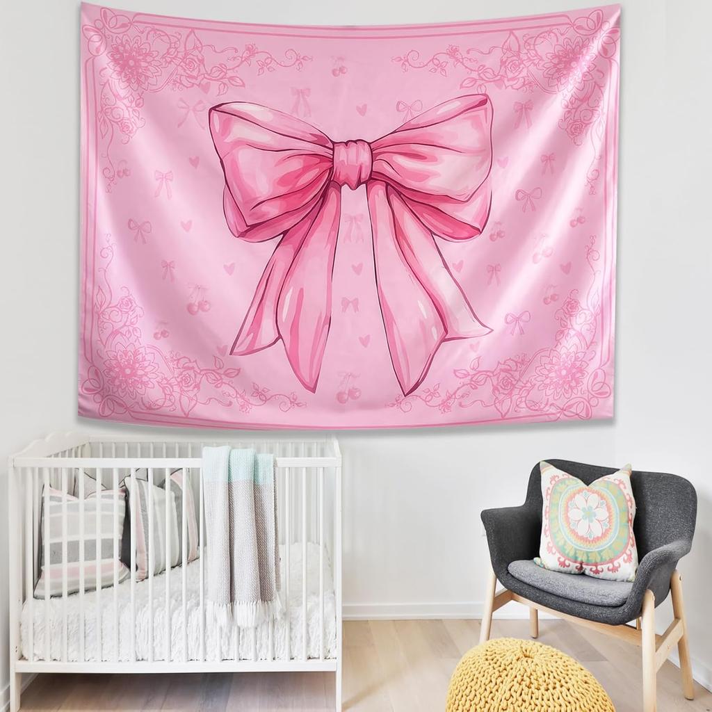 KJHL Pink Bohemian Wall Tapestry for Teen Girls, 44 x 60 Inch Cute Preppy Tapestry Wall Hanging Retro Coquette Bow Room Decor Aesthetic Tapestries