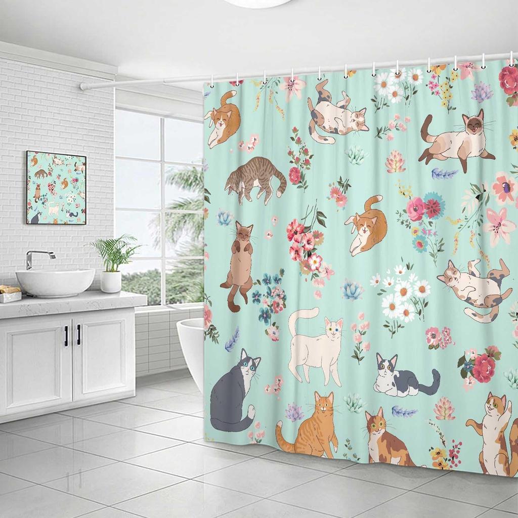 Funny Cat Shower Curtain, Black Cute Cat Flower Plant Bathroom Decor Shower Curtain, Colorful Cute Kitty Floral Animals Kids