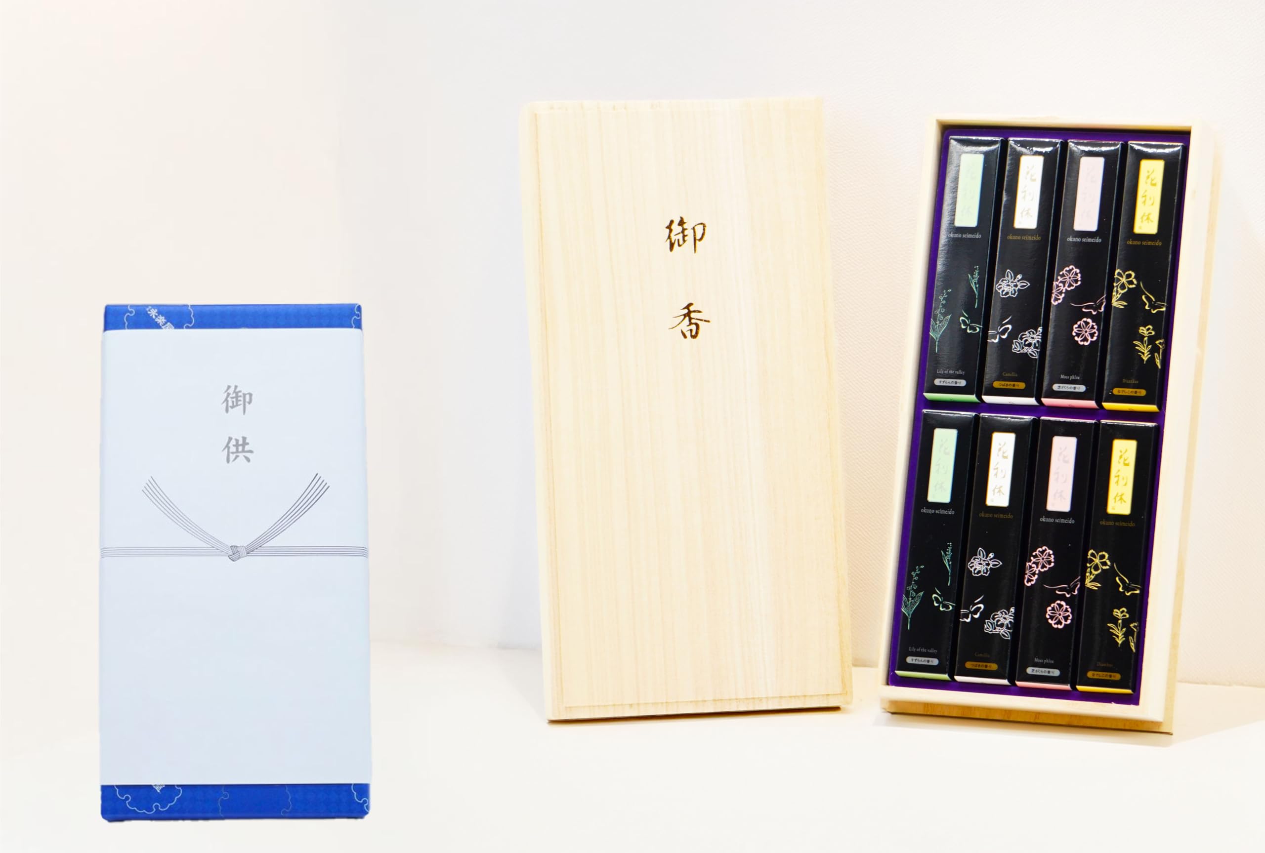 

[Hana Rikyu 4-Scent Assortment] Incense Set, Low-Smoke Incense, Paulownia Wood Box with Gift Wrapping and Noshi (Gift Wrapping), Perfect for Obon,