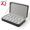 Portable Black and Blue-Gray Leather Zipper Watch Box with 6, 10, or 12 Slots - Flip-Top Jewelry Storage