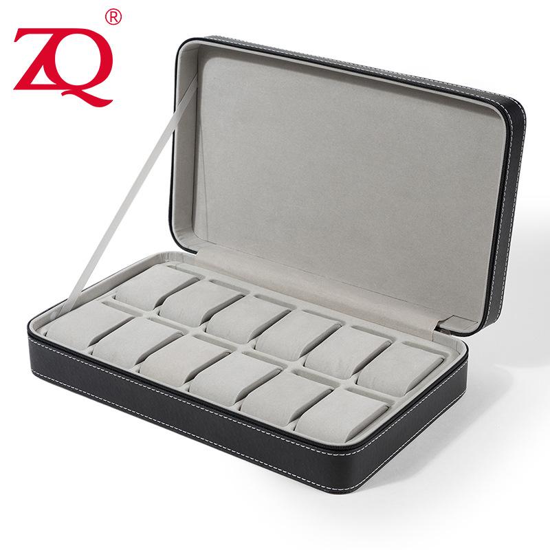 Portable Black and Blue-Gray Leather Zipper Watch Box with 6, 10, or 12 Slots - Flip-Top Jewelry Storage