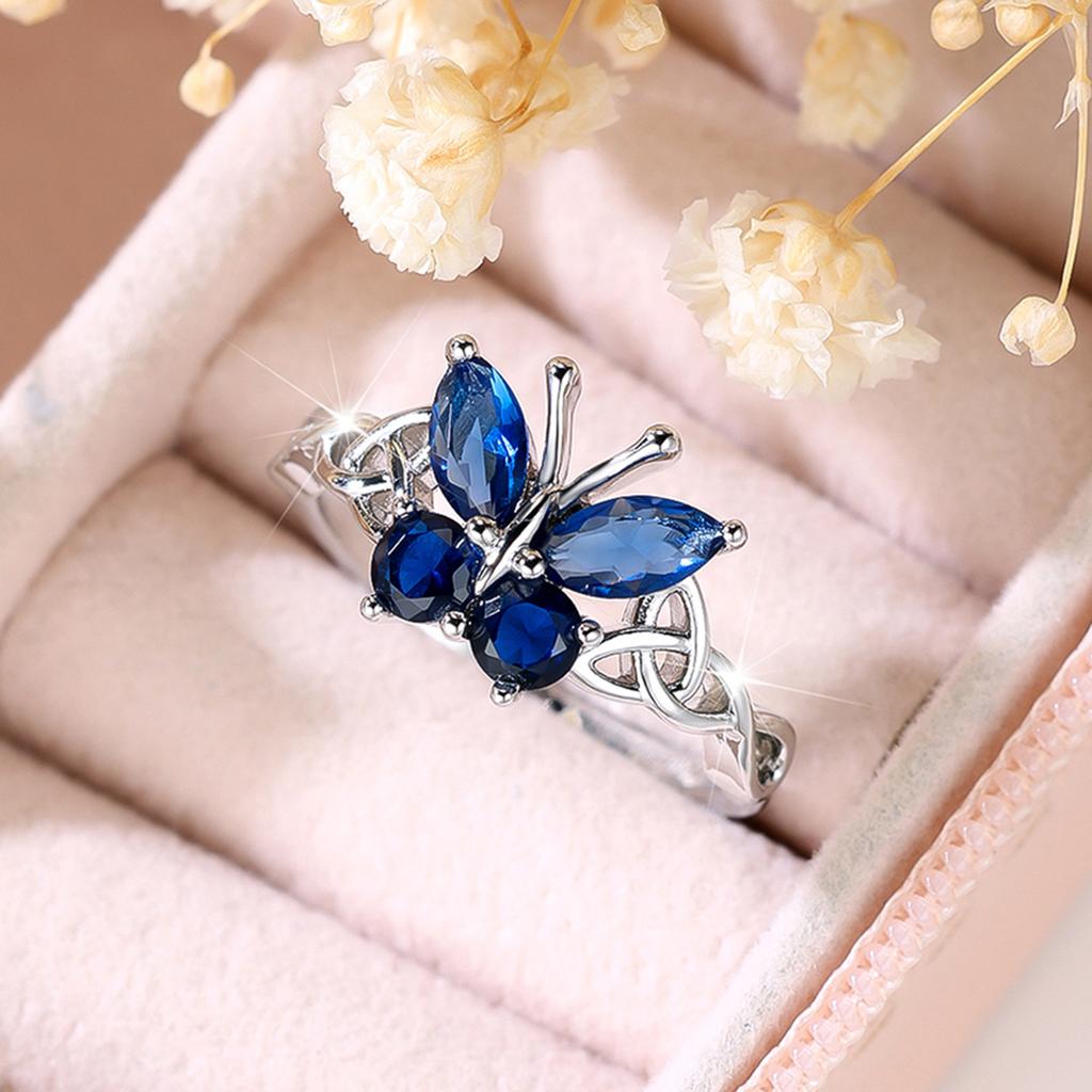 Hollow Out Colored Diamond Butterfly Design Ring Summer Fashion Exquisite Small Fresh Personality Ring
