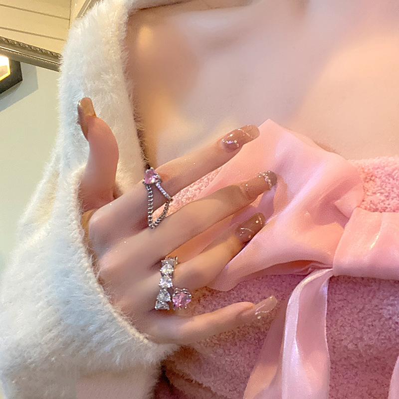 Light Luxury Pink Love Zircon Fringed Chain Open Ring Niche Design Sense Advanced Personality Sweet Cool Wind