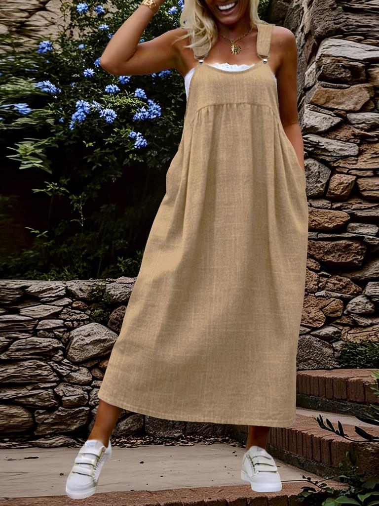 Plus Size Women's Denim-Style Strappy Long Dress - Fashionable European & American Design