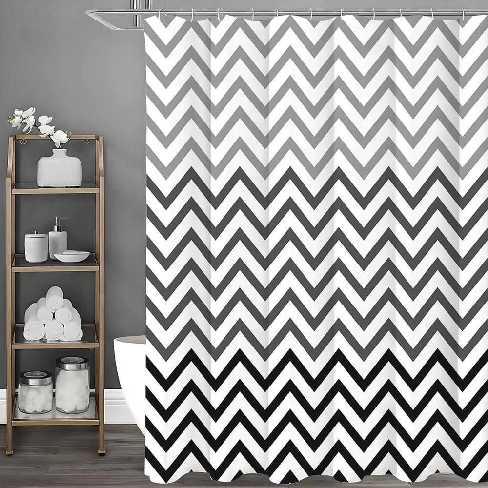 Black Gradient Wave Line Geometric Modern Minimalist Shower Curtain, Bathroom Decorative Shower Curtain, Waterproof Shower Curta