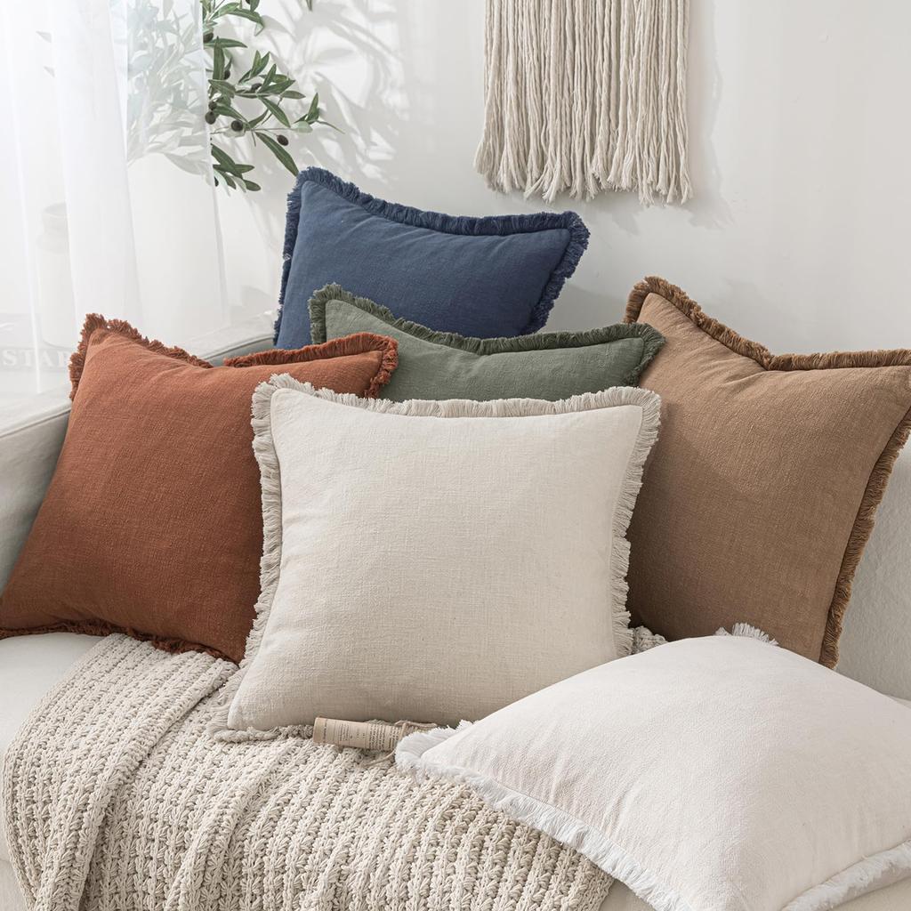 Decorative Linen Fringe Throw Pillow Cover Cozy Boho Cushion Cover with Tassels Soft Accent Pillowcase for Couch Chair Sofa Bed