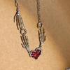 Exaggerated Gothic Necklace Red Heart Heart Necklace Fashion Skull Claw Pendant  Women Girls
