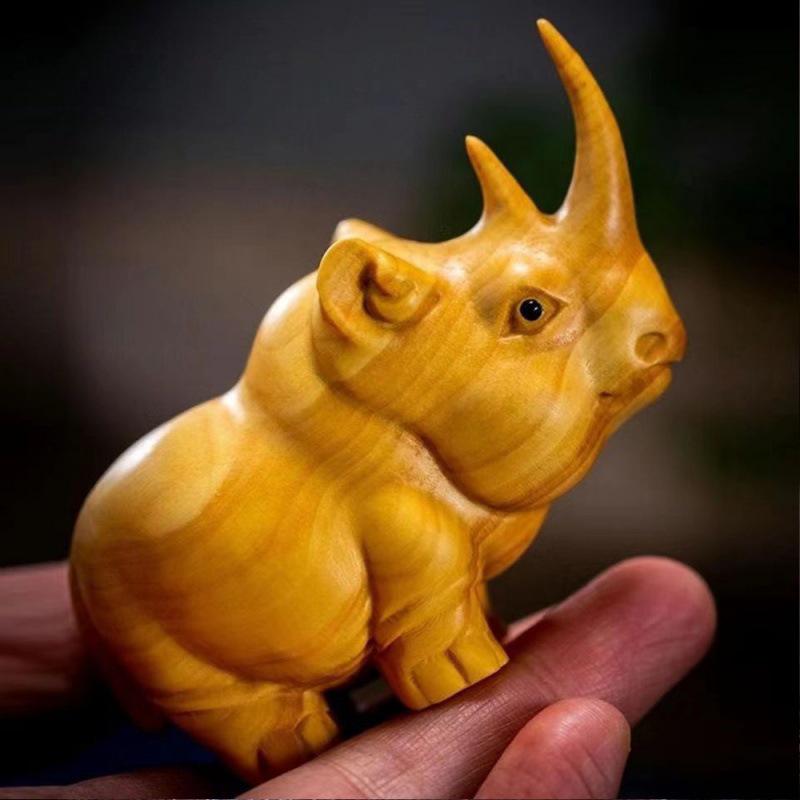 Taihang Cliff Cypress African Animal Trio Carving - Cute Wooden Hippopotamus, Elephant & Rhinoceros Ornament