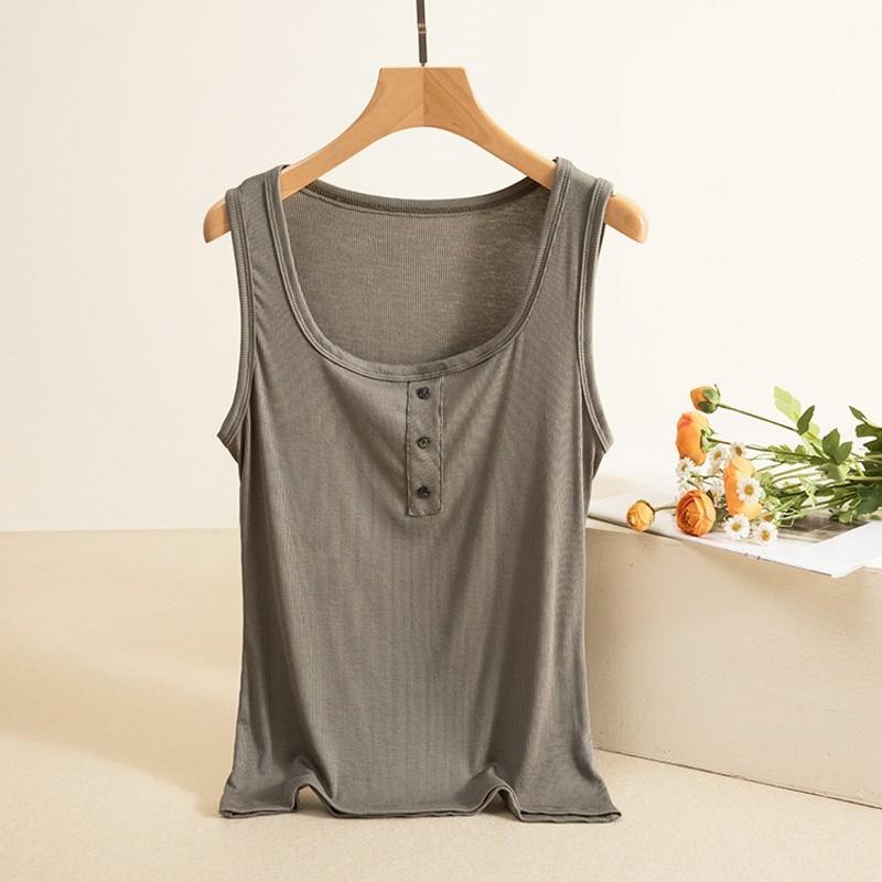 

Модная женская майка с 3 пуговицами, летние базовые футболки, тонкие повседневные футболки без рукавов, топы с открытыми плечами 2XL серый/зелёный