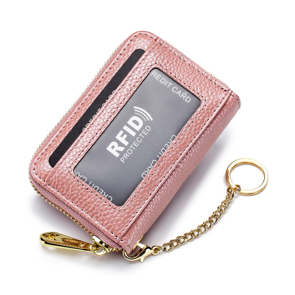 Genuine Leather Men Women Rfid Credit Card Holder Small Zipper Wallet Solid Coin Purse Key Ring ID Pocard Slot Mini Money Bag
