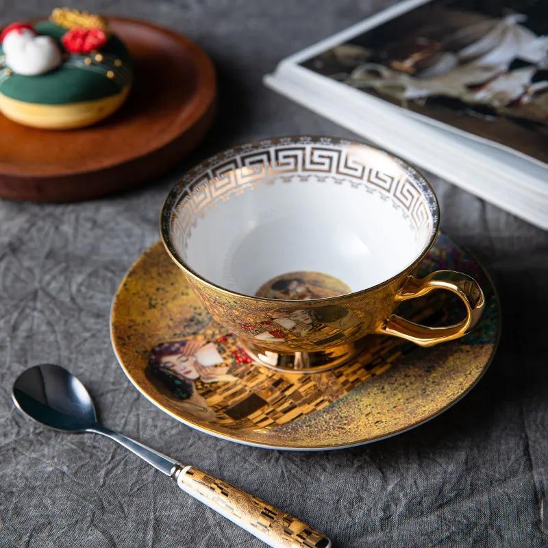 Bone China Coffee Mug Set, Ceramic Tea Set, Klimt Kiss, Luxury Gifts, Porcelain Drinkware, Tea Cups with Spoon Tray, Gift Box