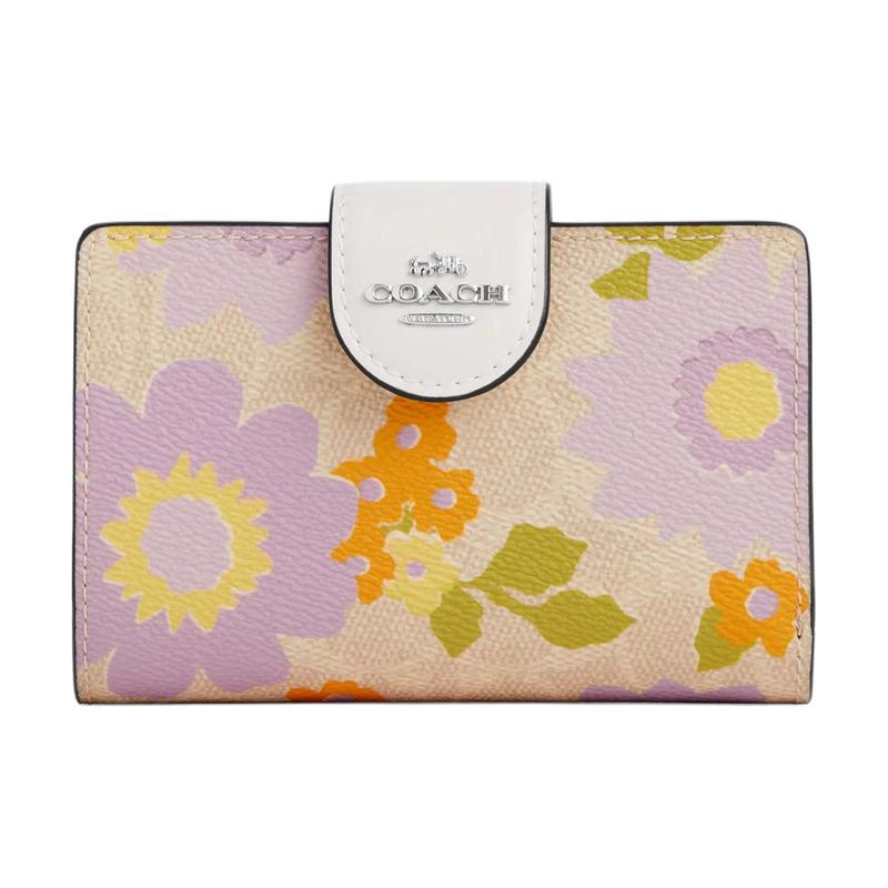 COACH Corner Zip 13 Signature Floral Print Coated Canvas Wallet Women s Khaki and Purple Khaki and purple фиолетовый