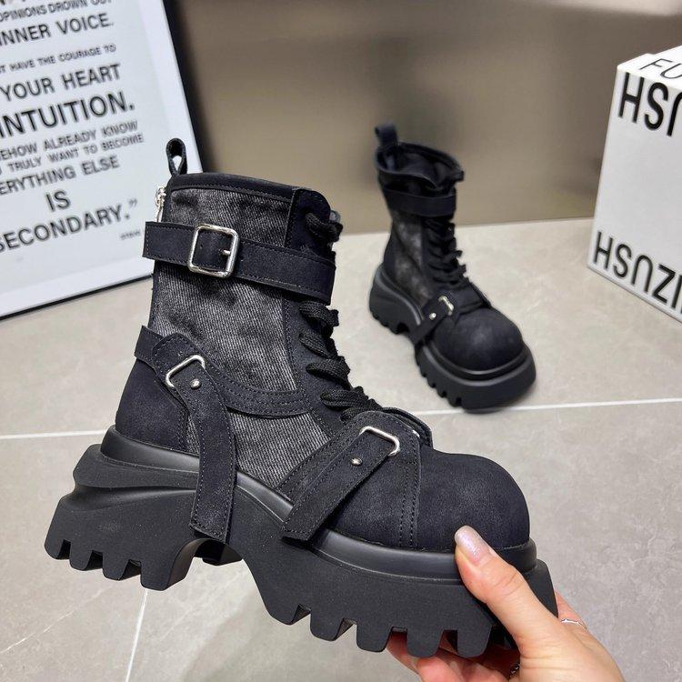 Martin boots women's 2025 new versatile splicing cloth thick-soled muffin strap casual locomotive boots small short boots