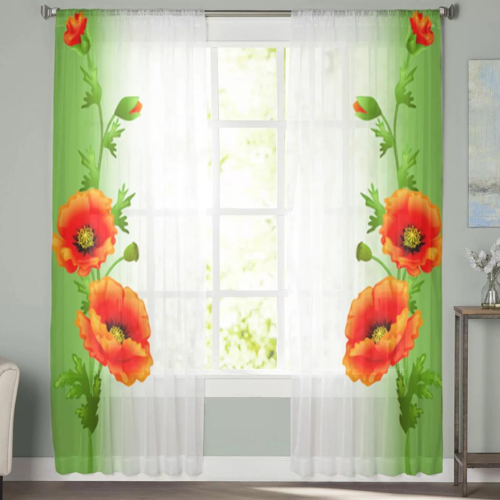 Transparente Vorhänge mit Mohnblumenmotiv für Wohnzimmer, Schlafzimmer, Tüllvorhänge, Küchenfensterbehandlungen, Panel-Vorhänge