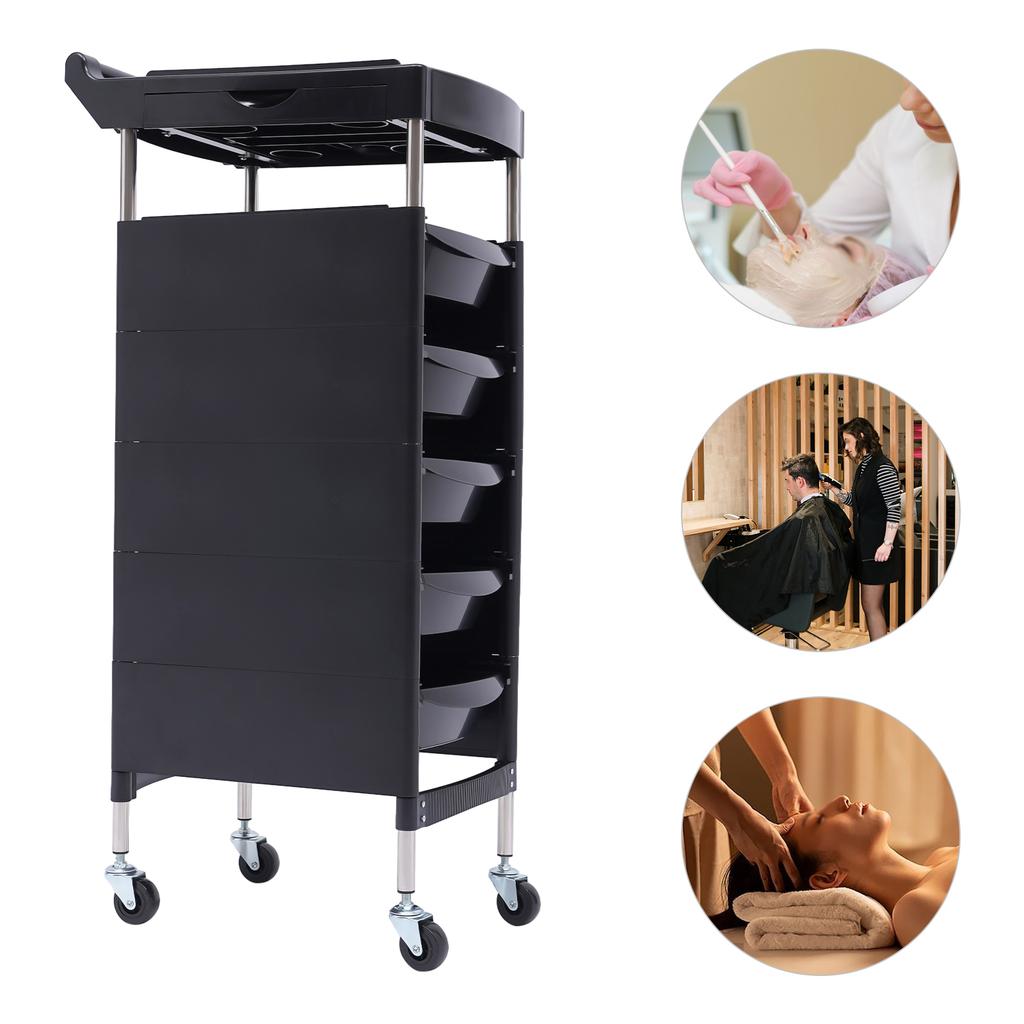 Salon Trolley with Handle and Rolling Wheels, 5 Drawers and 2 Hair Dryer Holder Side Tray, Professional Barber Luxury Spa Chair