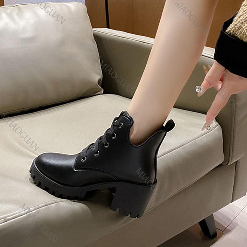 Boots for Women 2025 Autumn New Round-toe Chunky Heel Black Women's Boshoes Casual Lace Up High Heel Platform Short Botines