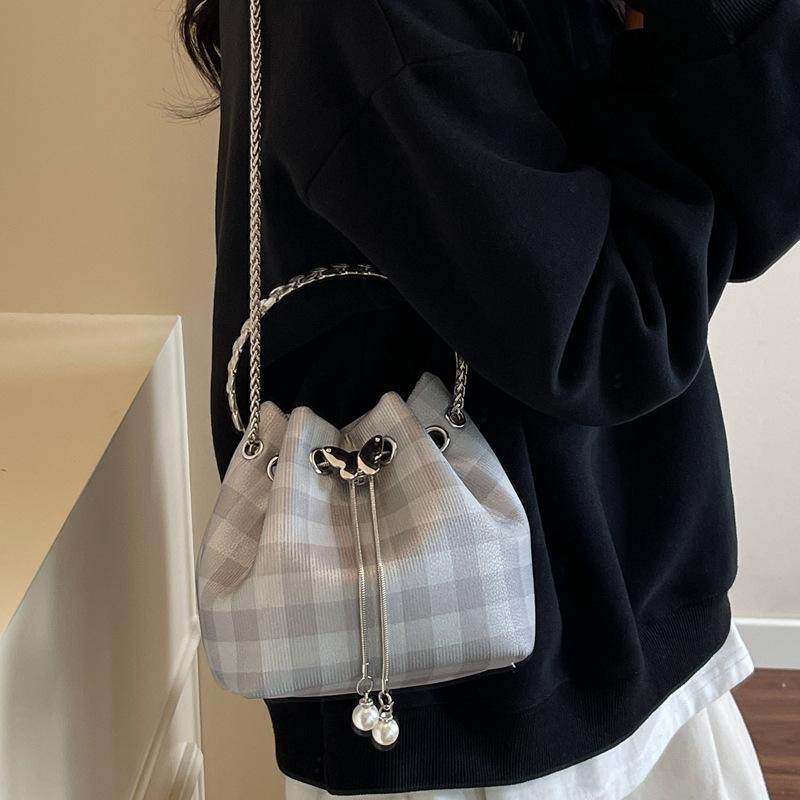 Chain Plaid New Bucket White Trendy Shoulder Bag Small Korean Version Versatile Messenger Bag Ring Hand Bag