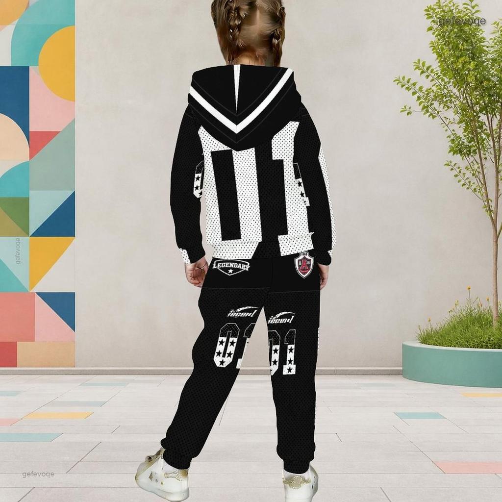 Girls Black White Printed Hooded Long Sleeve Top And Cuffed Pants Two Piece Set