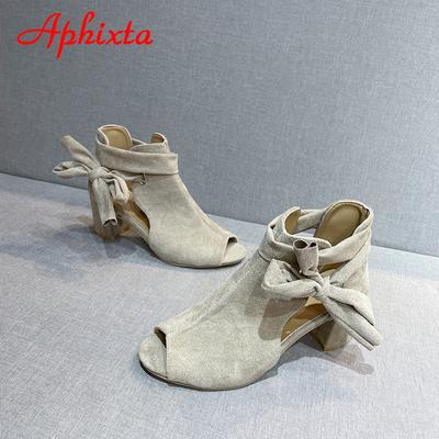 Aphixta Summer Peep Toe Cool Women Boots Sandals Lace-up Square Heels Narrow Band Rosette Shoes Plus Size 43