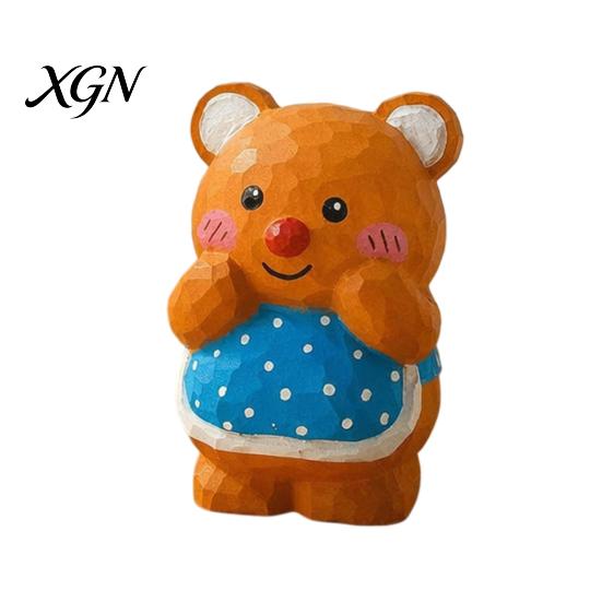 Cute Bear Desktop Decoration Hand-Carved Basswood Ornament, Apron Wood Decorative Figurine, Car Interior Accessory Statue for Shelf And Home