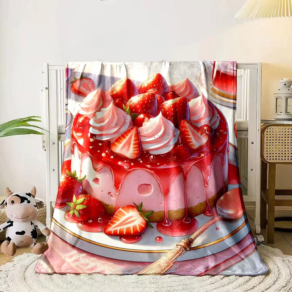 A Strawberry Cake Topped with Whole Berries, Whipped Cream, and Syrup. for All Seasons Blanket Lunch Break Throw Gift