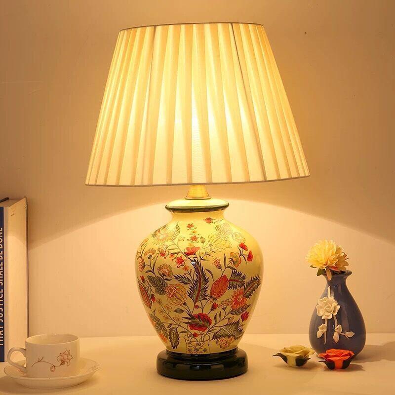 Retro American-Chinese Ceramic Table Lamp with Remote Control for Bedroom or Living Room