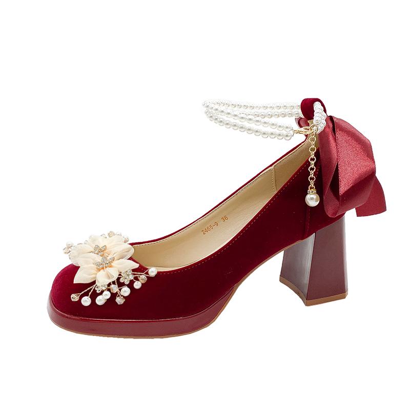 

Fashion Spring New Coarse Heel Single Shoes Women s Fashion Round Head Shallow Mouth Suede Flower Thick Soled Wedding Shoes 34