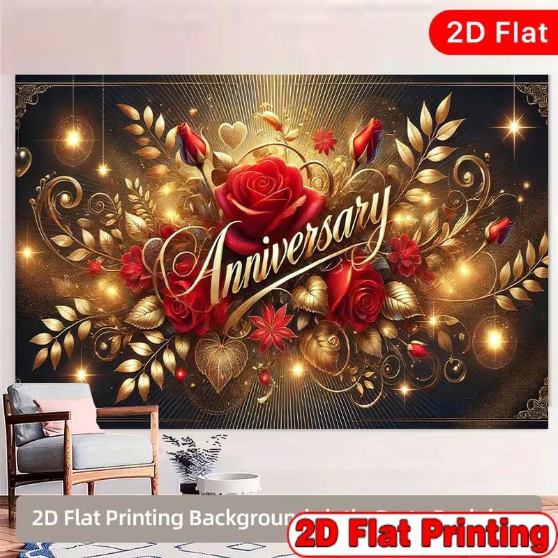 2D Red Rose Anniversary Photography Background, Black Gold Glitter Floral Wedding Decor Banner 47.2x31.5inch/120*80cm