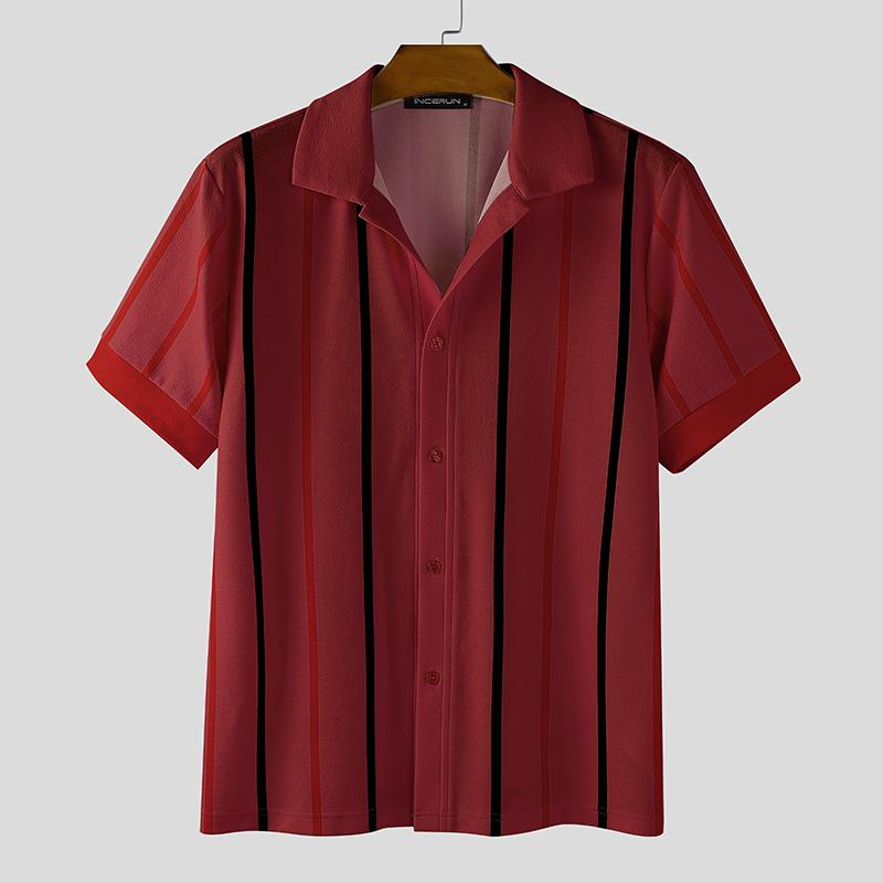

INCERUN Oversized Men Short Sleeve Striped Print Buttons Casual Loose Shirts Tops 5XL