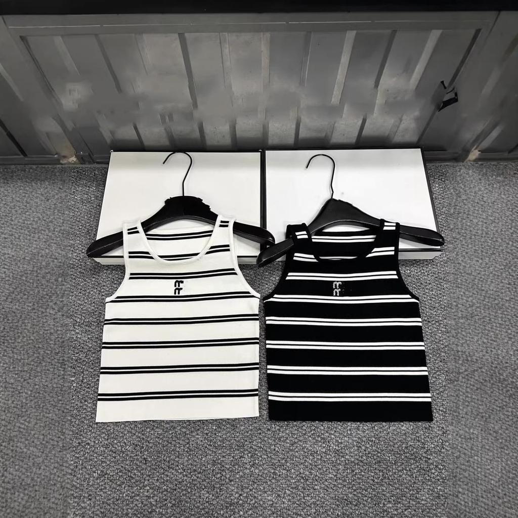2026 Summer Rhinestone Letter Striped Knit Round Neck Vest - Slimming Versatile Top for Women