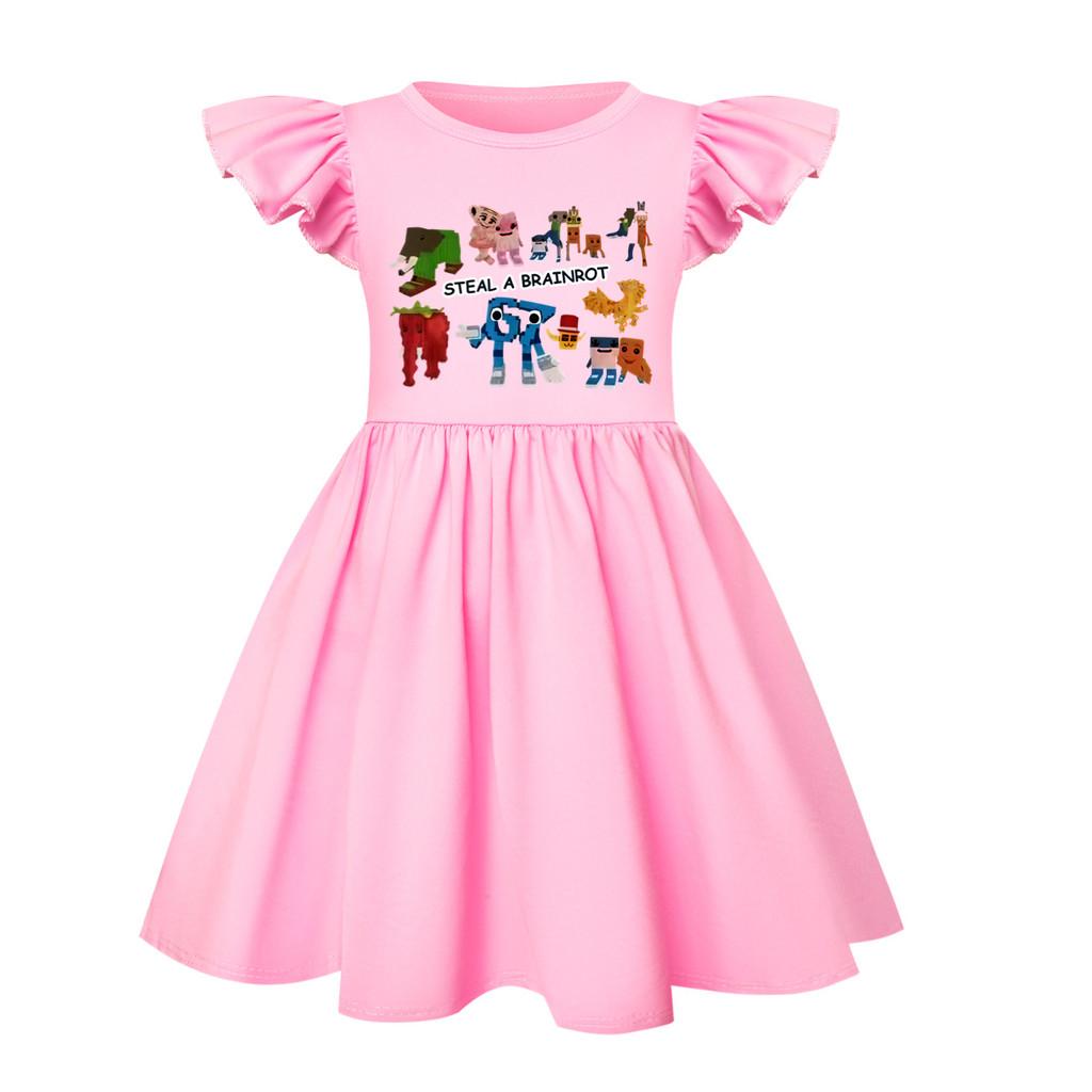 5214 Kids Girls Steal a Brainrot 67 Six Seven Printed Ruffle Short Sleeves Casual Dress