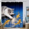 Vintage Cat Shower Curtain 180X180Cm – With Koi Fish In Abstract Water Design, Unique Bathroom Decor, 12 Hooks