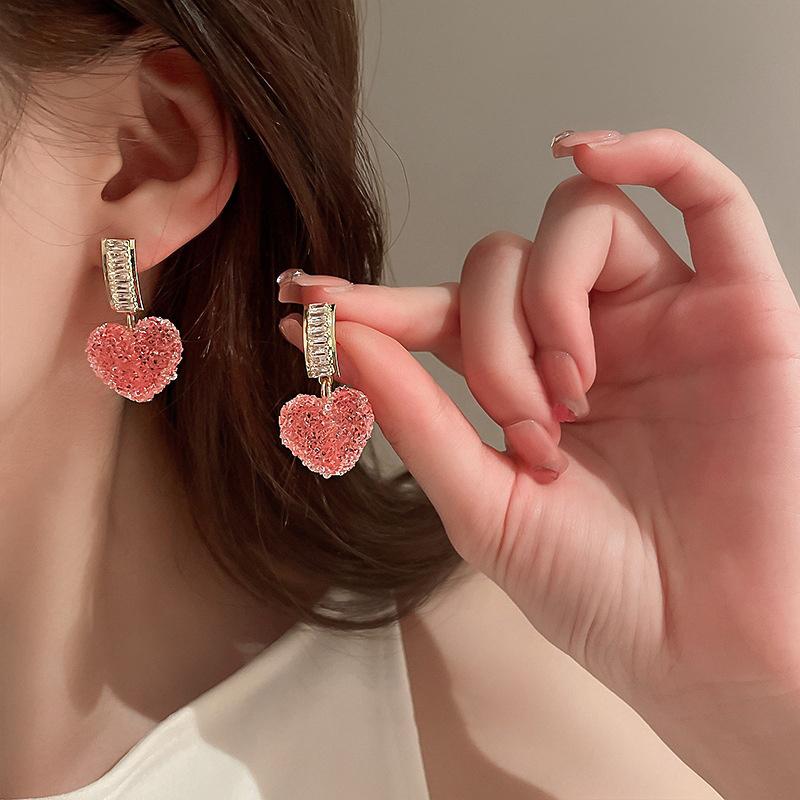 Sweet Pink Love Heart Drop Earrings For Women Korean Style Elegant Dangle Earrings Lovely Bride Lady Brincos Jewelry Gifts