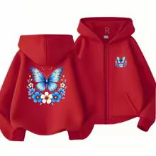 Butterfly Flower Girl Pink Hoodie Zip Up Cardigan Tops Black Hoodies 3-12 Year Zipper Style Children Red Autumn Coat