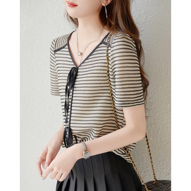 Demana Women s French Style Color-Block V-Neck Textured T-Shirt M