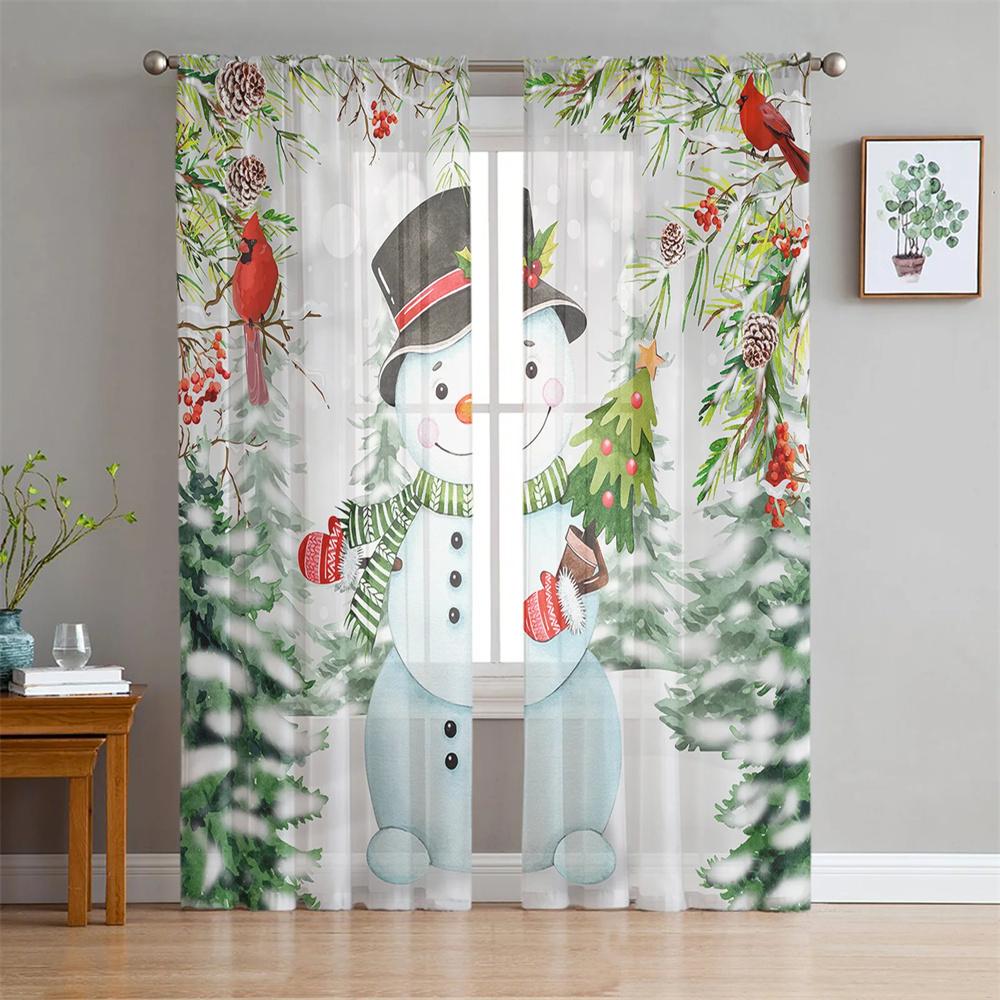 Cute Christmas Snowman Snow Scene Tulle Curtains Blinds for Living Room Bedroom Decoration Chiffon Sheer Voile Window Curtain2Pc