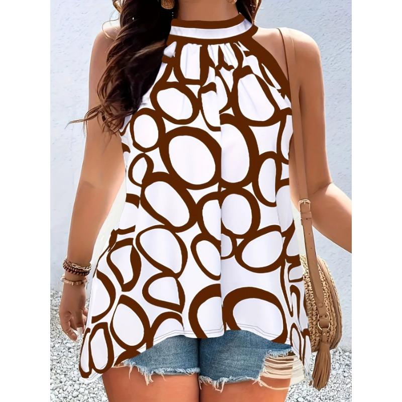 Women's Summer Geometric Halter Sleeveless Crew Neck T-shirt Top