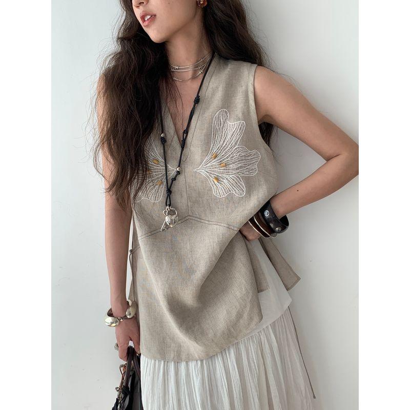 

Taupe Store Linen Embroidery Beaded Applique Vest Romantic Funny Classy V-neck Side Slit A- line Tops Raw hemp color S (In Stock)