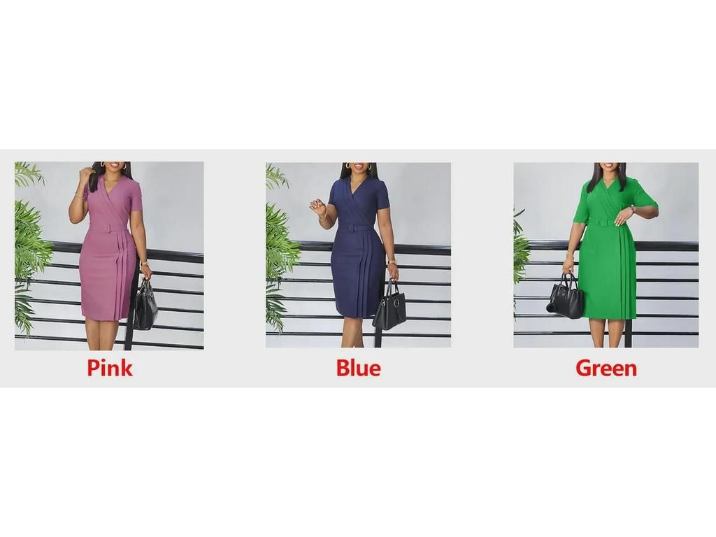 D504 Einfarbiges Bleistiftrockkleid mit V-Ausschnitt für Damen - Sommer 2024, kurzärmelig, OL-Stil