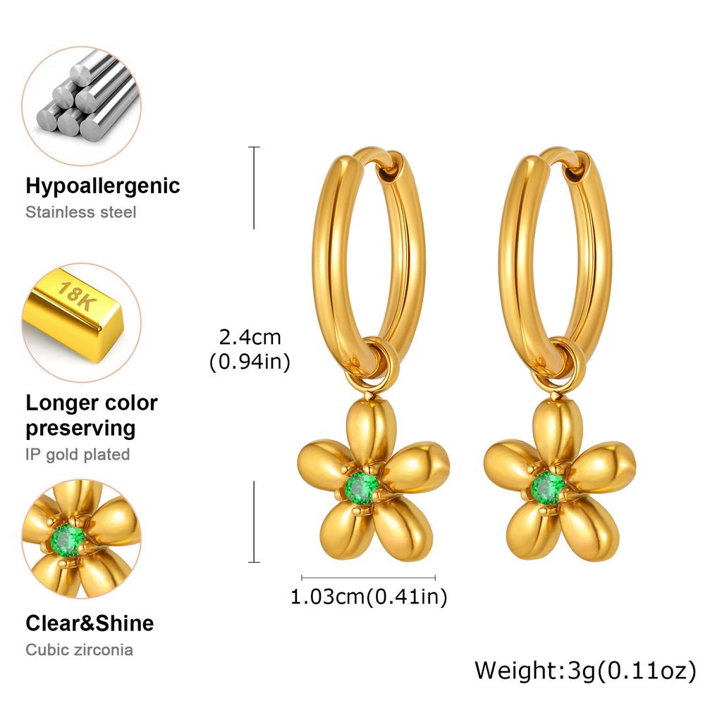 Vintage Luxury Zircon Flower Charms Huggies Hoop Earrings,18k Gold Plated Stainless Steel Earrings, Christmas Gift for Her