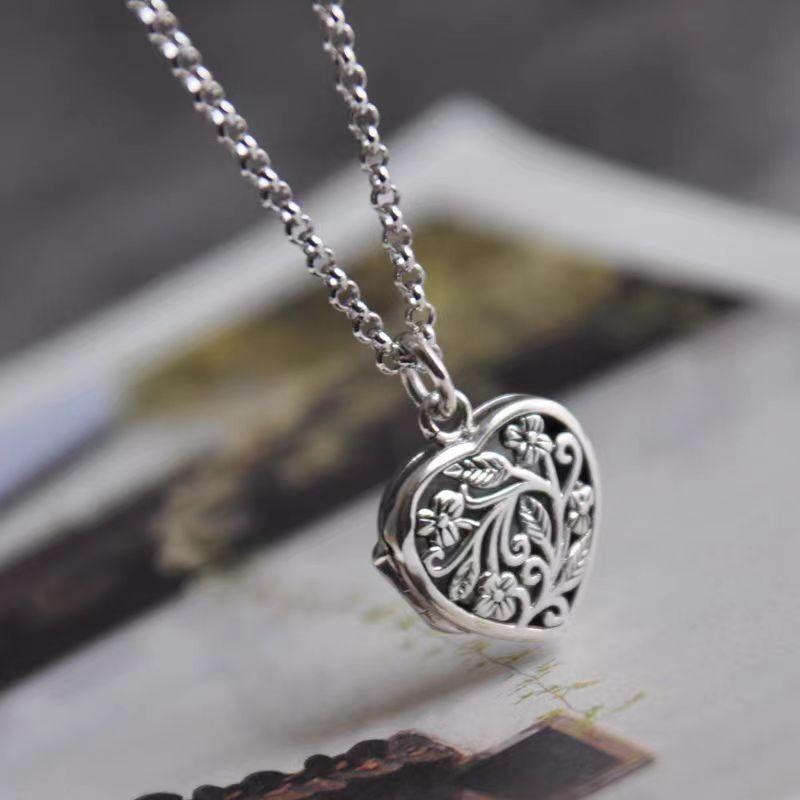 Silver 925 Hollow Out Tree Branch Luster Heart-shaped Necklaces Can Open Pendant Retro Ethnic Style Keel Chain Fine Jewelry