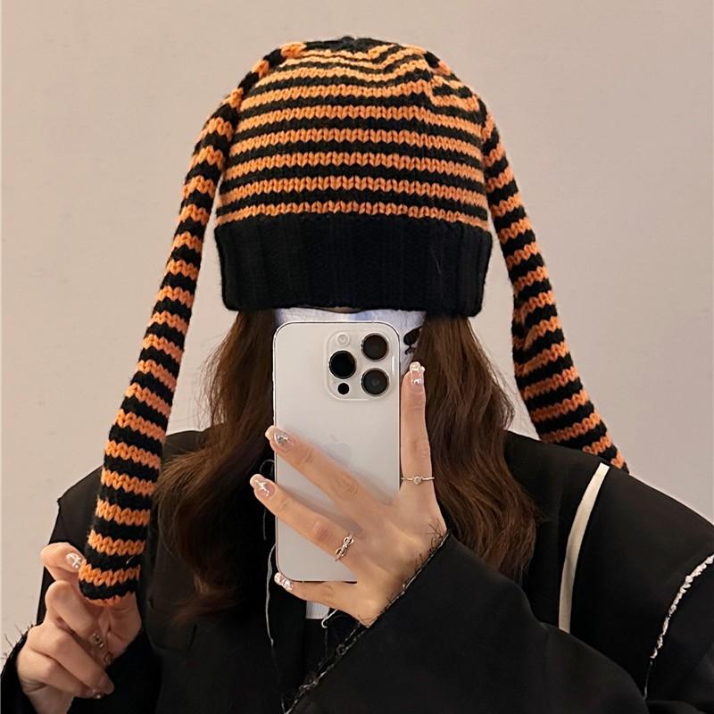 Autumn and Winter Knitted Hat for Women with Long Ears Rabbit Cute Striped Wool Hat Warm Ear Protection Niche Personality Cold Hat