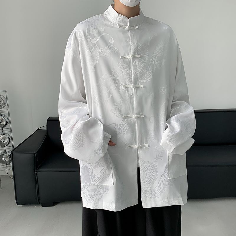 Male Hip Hop Gothic Tops Chinese Style Jacquard Dragon Shirt Harajuku Blouses Satin Streetwear Long Sleeve Tang Clothes