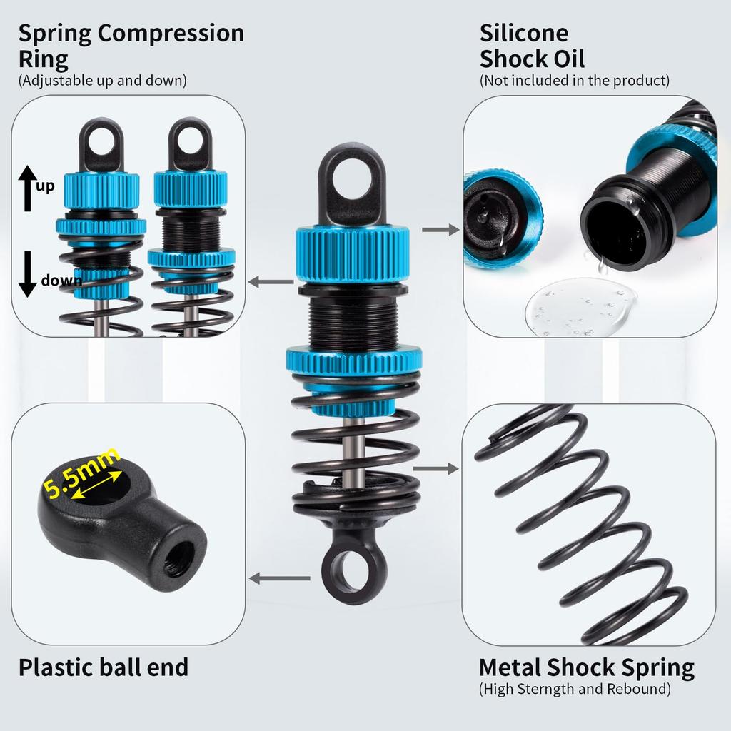 TRZX 4pcs 52mm RC Oil Shock Absorber Front & Rear Damper Kit Upgrade Parts for Tamiya M03, M04, M05, and M06 1/10 RC Touring Cars (Blue, 52mm)