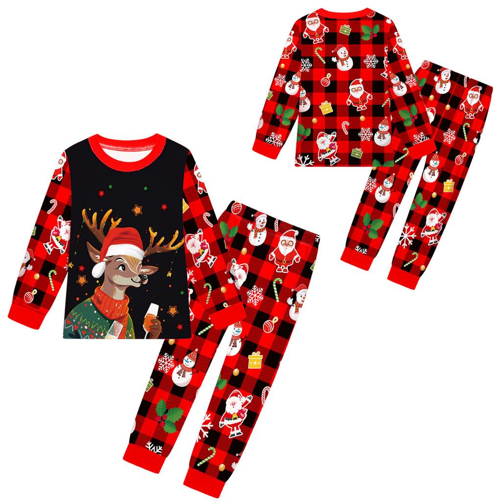 Kids Boys Girls Cartoon Santa Claus Christmas Tree Elk Print Long Sleeves T-Shirt Top Pants Trousers Clothes Set