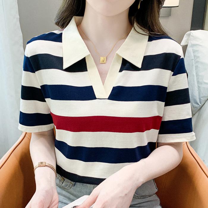 Polo Shirt for Women In Summer Short-sleeved Striped T-shirt for Women In New Style for Women In Summer Dress, Fashionable Age-reducing Slim Lapel Top