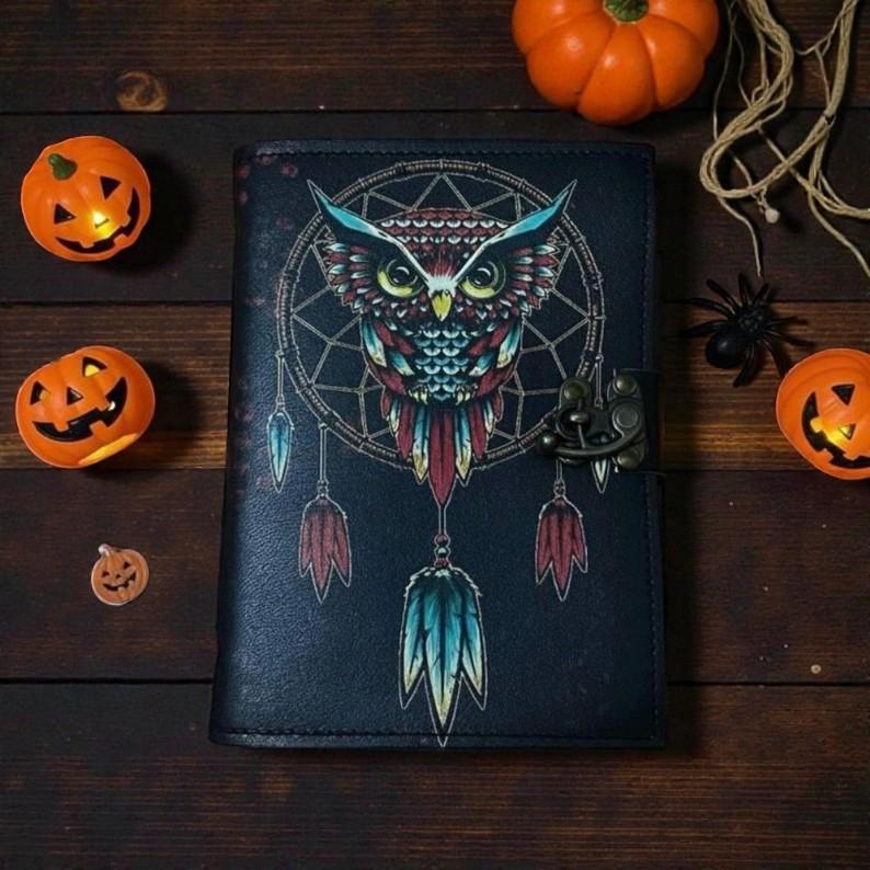 Handmade Leather Owl Dreamcatcher Journal | 5x7" Vintage Notebook | 200 Deckle Edge Pages | Witchy Boho Diary with Lock | Spiritual Writing Book