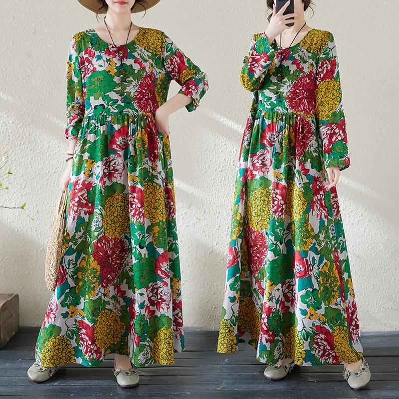 Big Size Women's Printed Cotton Linen Long Dress Female Spring and Summer Loose Literary Temperament Thin Round Neck Retro Long-sleeved Dresses