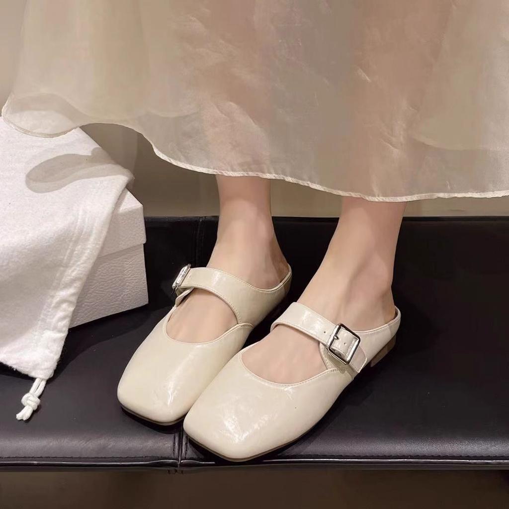 Temperament Square Head Mary Jane Shoes Women's Autumn 2025 New Light Mouth Bag Head Half Slippers Low Heel French Flat Bottom Half Tray